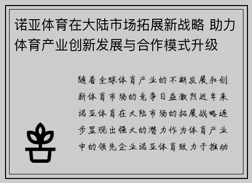 诺亚体育在大陆市场拓展新战略 助力体育产业创新发展与合作模式升级